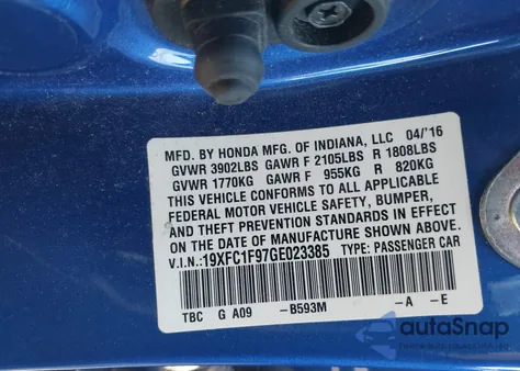 2016 Honda Civic Touring z USA, uszkodzony, nr VIN 19XFC1F97GE023385